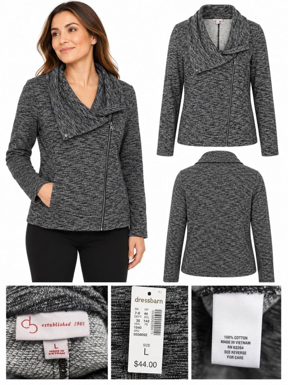 Dressbarn Size L Gray Marled Cowl Neck Moto Jacket